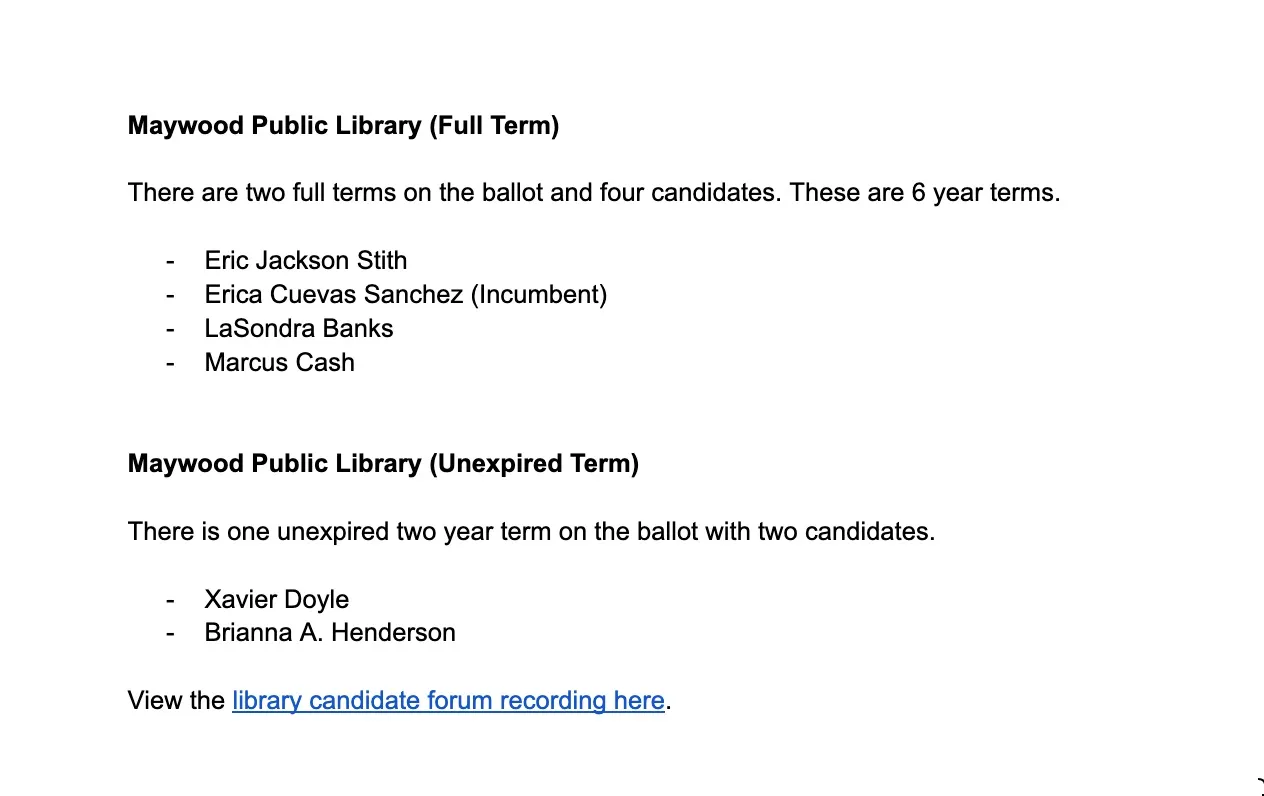Image of Kelly Jensen's Illinois public library elections voter guide, with the example of how she listed candidates and terms for the Maywood Public Library election.
