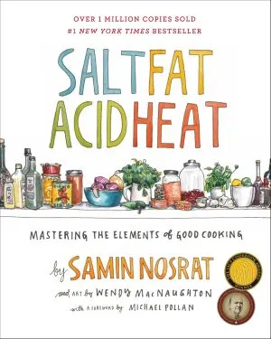 a graphic of the cover of Salt, Fat, Acid, Heat by Samin Nosrat