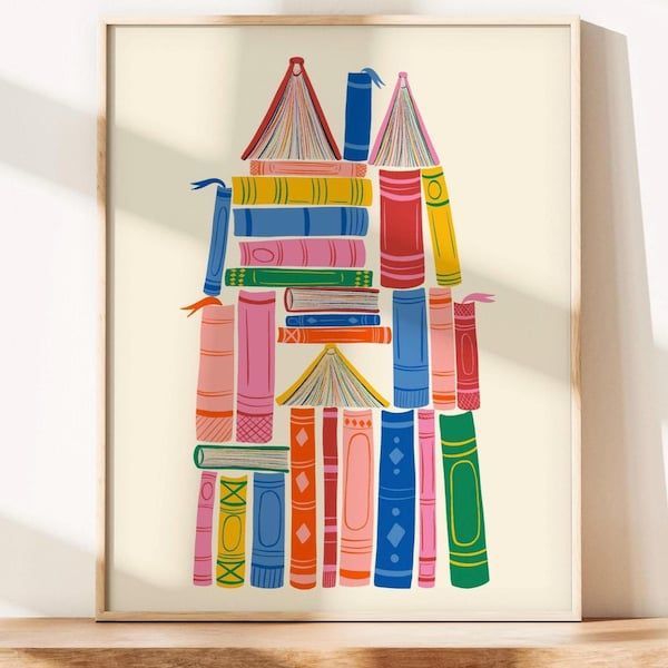 rectangular print with bright primiary colors and a white background. Books stacked horizontally and vertically make the shape of a castle.
