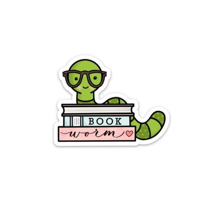 image of a cartoon worm wearing glasses propped behind a small stack of books. The spines read "Book Worm."