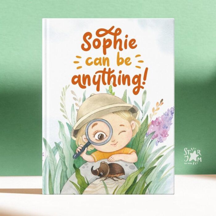 A book cover with the title "Sophie Can Be Anything!" The image shows a child in safari gear with a magnifying glass, peering through tall grass
