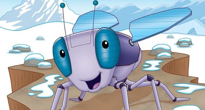 cropped cover of George the Flybot and the Lost Camera on Mount Everest by Nessa Bellido Schwarz, showing an illustration of robot fly on a snowy mountain