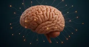 Image of a pink brain on a black background. From the brain are several yellow lights pointing in all directions.