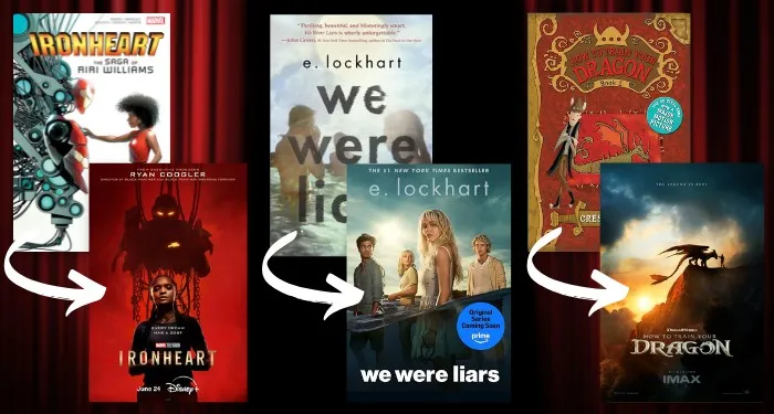 book covers and posters of their adaptations