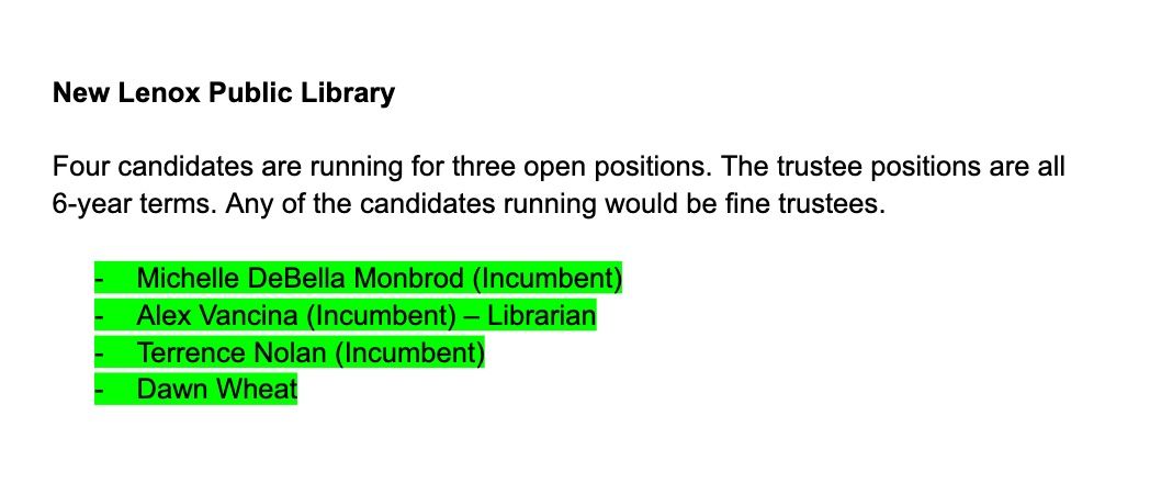 Image of Kelly Jensen's Illinois public library elections voter guide, with the example of how she listed candidates and terms for the New Lenox Public Library board.