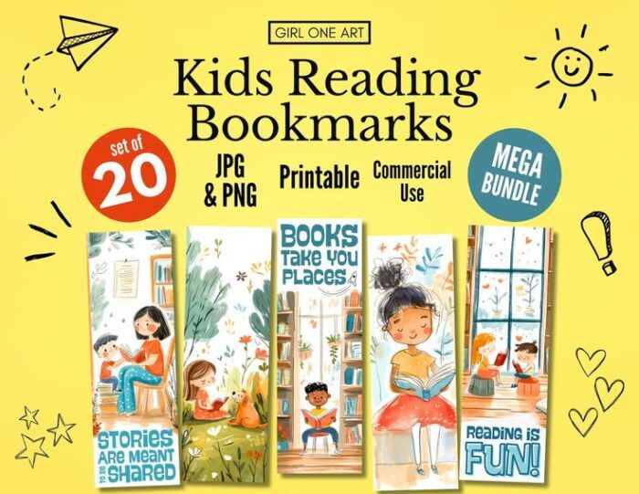 a bright yellow ad showing four different patterns of bookmarks with designs featuring kids reading. The ad says "Kids Reading Bookmarks," "set of 20," "JPG & PNG," "commerical use," and "mega bundle."