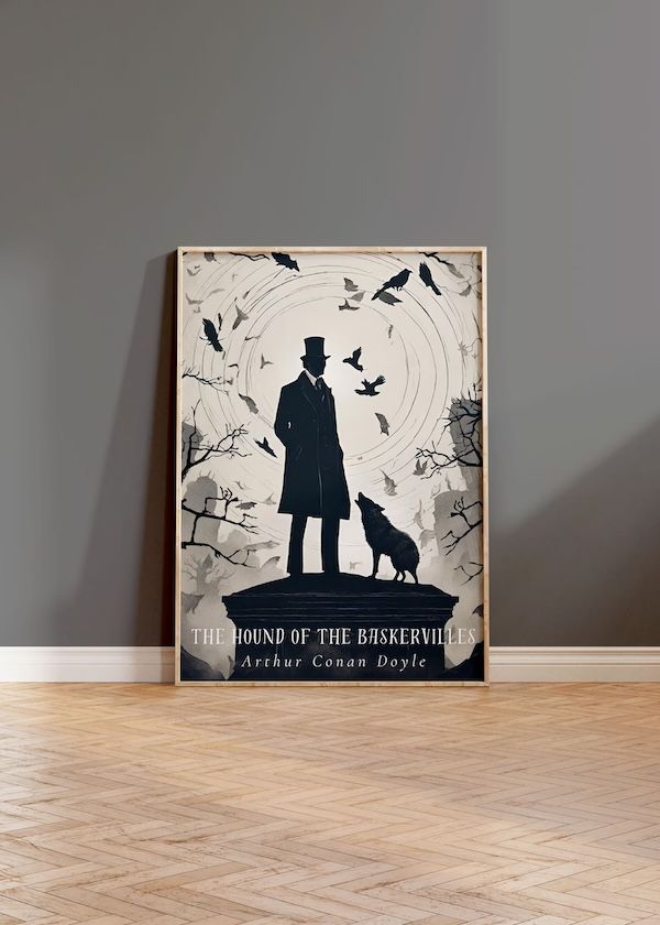 an art print resting on a wood floor against a wall. the print is a black and white image of a man in a top hat and overcoat next to a howling dog