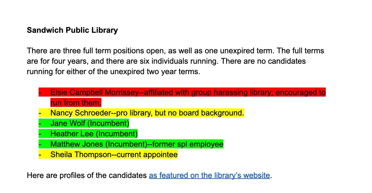 Image of Kelly Jensen's Illinois public library elections voter guide, with the example of how she listed candidates and terms for the Sandwich Public Library election. 