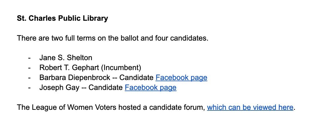 Image of Kelly Jensen's Illinois public library elections voter guide, with the example of how she listed candidates and terms for the St Charles Public Library
