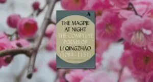 the magpie at night book cover against blurred background of plum blossoms