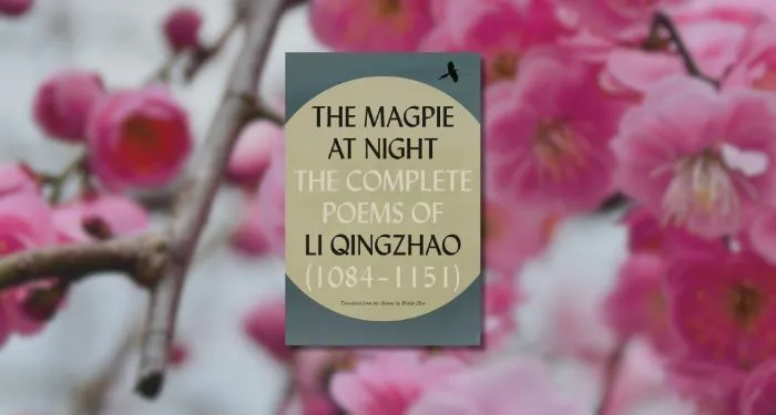 the magpie at night book cover against blurred background of plum blossoms