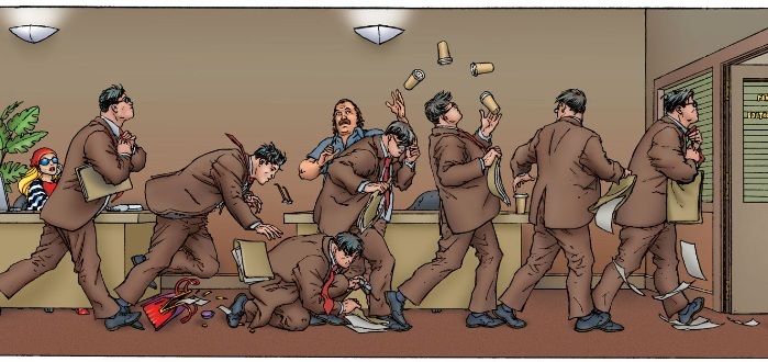 En un solo panel, Clark Kent ingresa al planeta diario, viajes, se levanta y entra a la oficina de Perry White, arrojando papeles en todas partes.