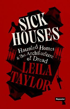 Silhoueta de casas negras de negocios en el fondo rojo, las casas enfermas de la imagen de la portada de Leila Taylor