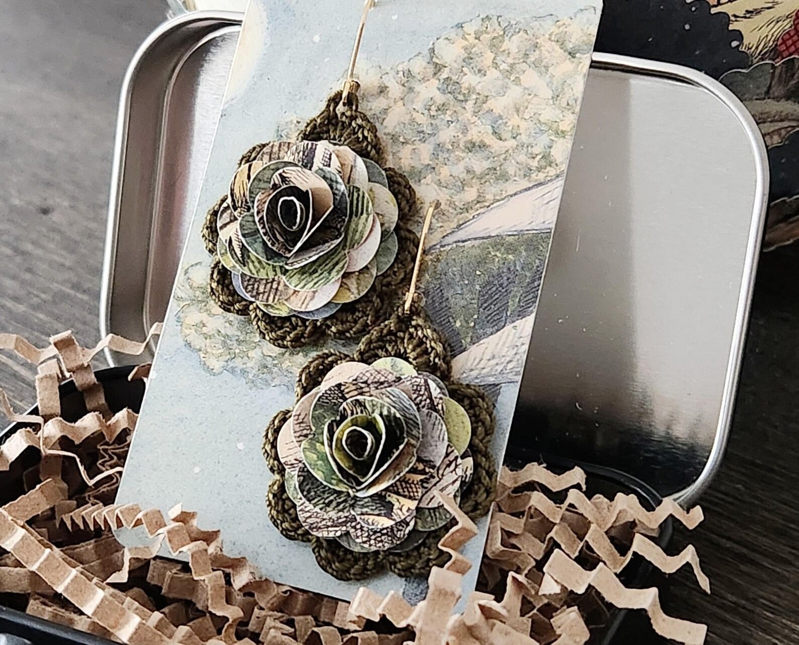 earrings made from pages in a rose shape with a crocheted background