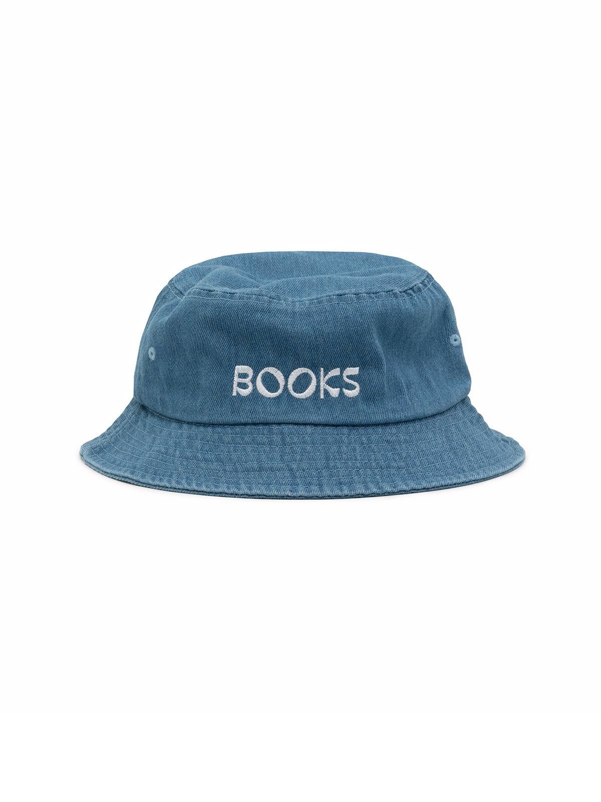 Blue bucket hat with "Books" embroidered on it