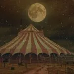 image of a circus with a semi-transparent night sky and moon overlay