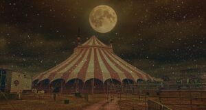 image of a circus with a semi-transparent night sky and moon overlay