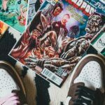 Image of a pair of shoes with comics surrounding them