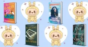 a graphic of Labubus with book covers overlaid