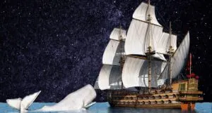 an illustrated of Moby Dick with a starry background