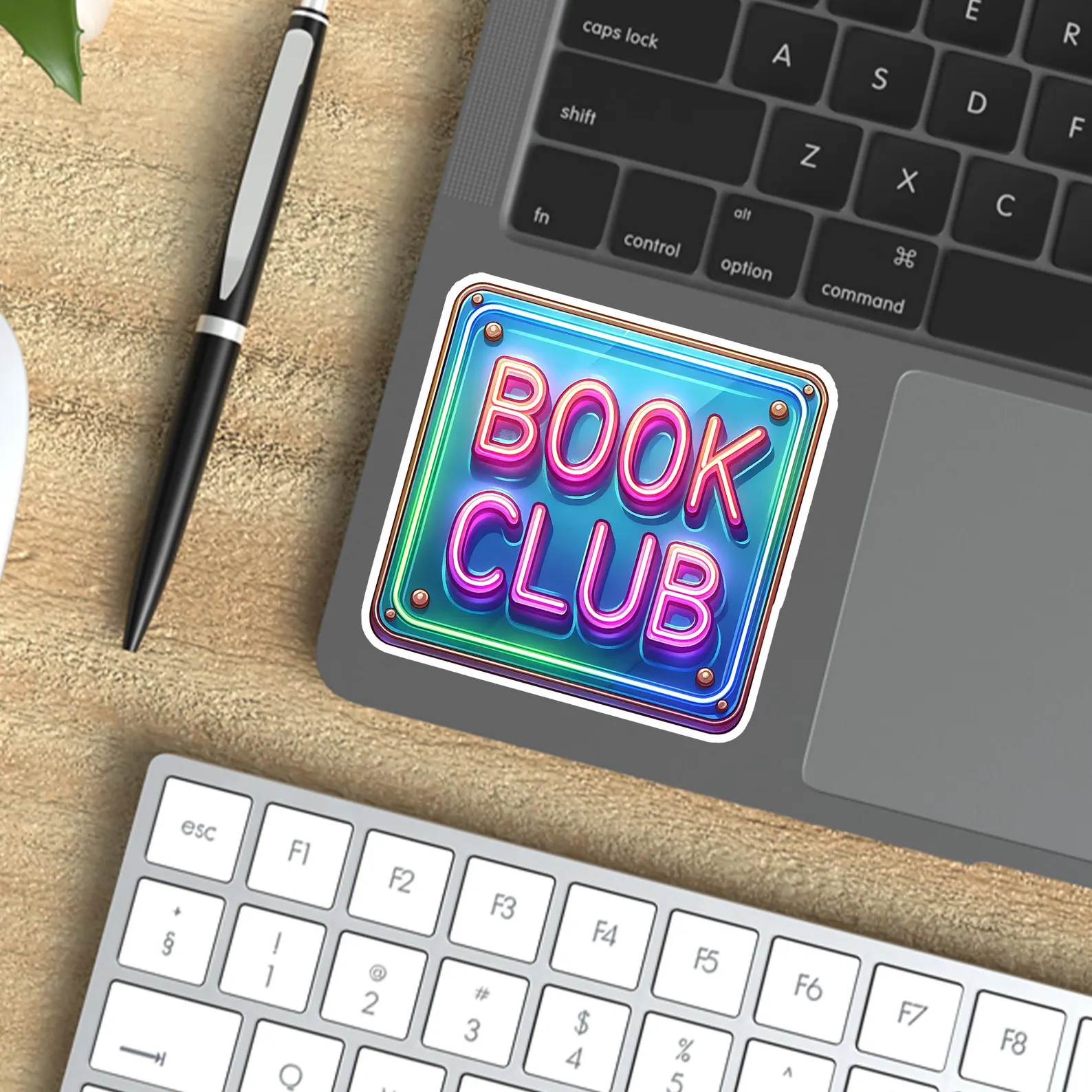 Image of a square sticker that says "book club." It's in bright colors. 
