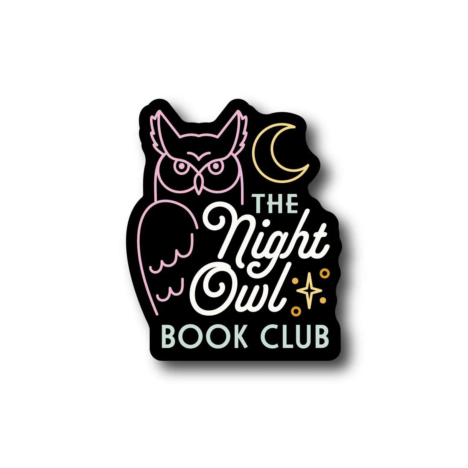 Image of a black sticker. It has a pink owl and yellow moon. In white font it reads "the night owl book club."