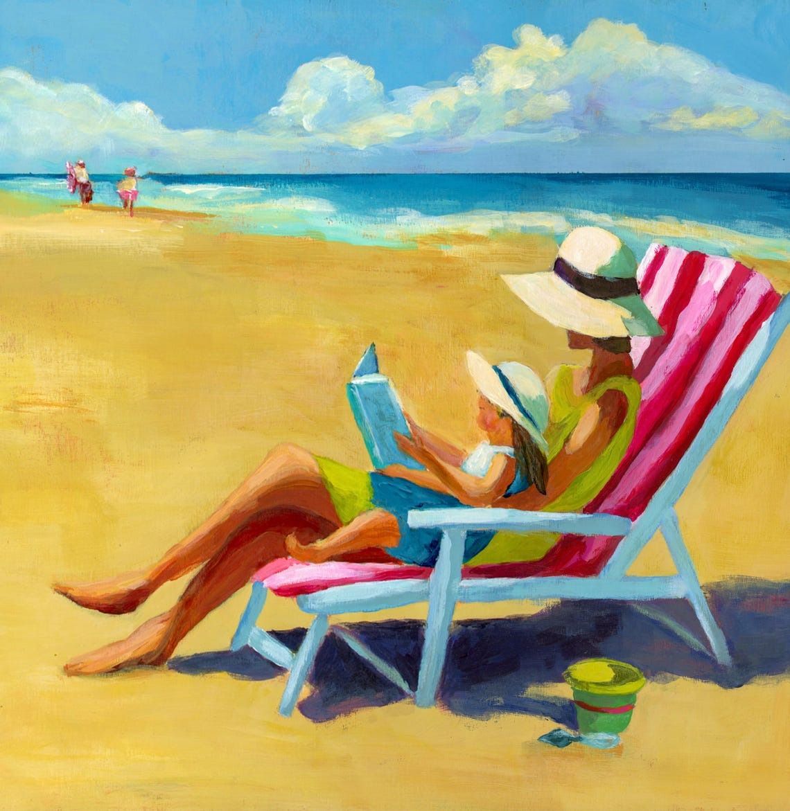 Painting of a mother reading to a child, sitting on a chair at the beach.
