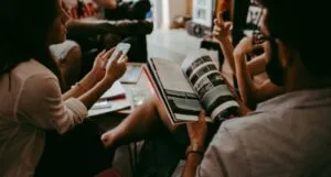 people reading in a semi circle