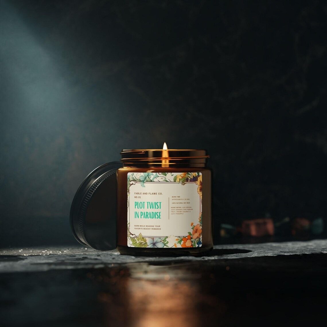 Lit candle with label that reads "Plot Twist in Paradise"