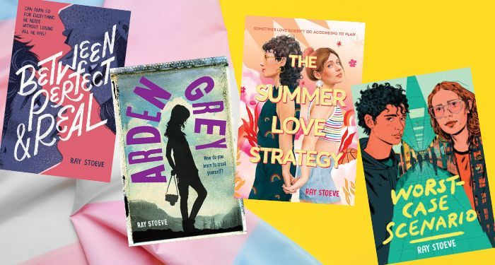 collage of all of ray stoeve's books. They are partly on top of a trans pride flag and partly on top of a yellow background.