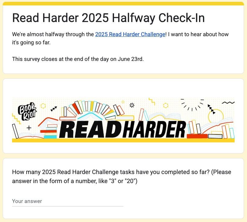 [Oops! Corrected Link] Read Harder 2025 Halfway Check-In Survey