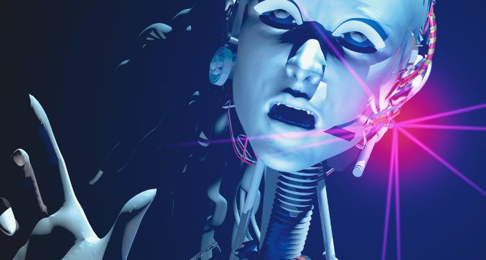 robot with bright purple flash of light near face