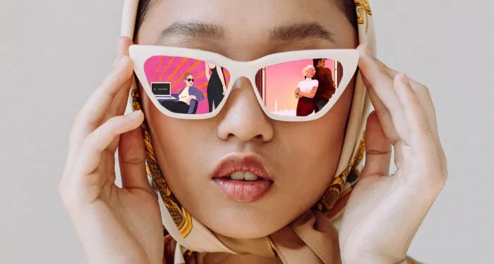a photo of someone with their sunglasses reflecting spy romance covers