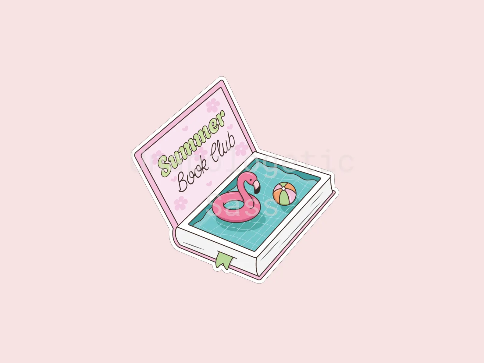 Image of a sticker in the shape of a book with its cover open. The cover reads "summer book club," and the page is designed to look like a pool with a flamingo floaty and beach ball.