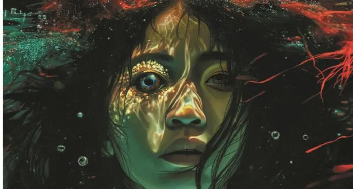 cropped cover of They Bloom at Night by Trang Thanh Tran showing a young Asian women underwater surrounded by red algae