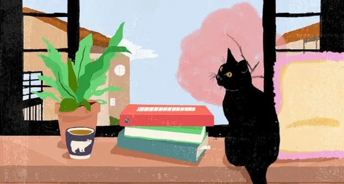 cropped cover of What You Are Looking For Is In The Library by Michiko Aoyama showing a cat in a windowsill next to a stack of books and a plant