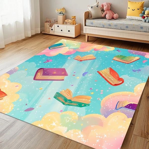 Alfombra colorida que muestra nubes y libros voladores