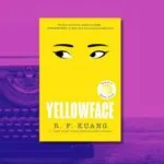 yellowface book cover against purple duotone photo of typewriter