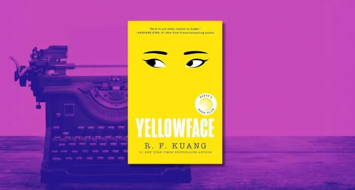 yellowface book cover against purple duotone photo of typewriter