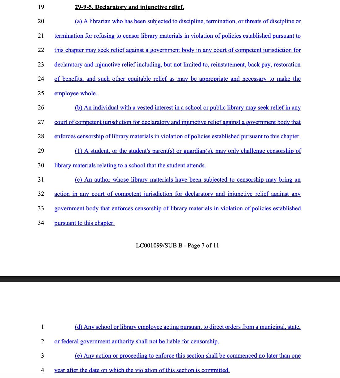 Image of the text allowing creators and readers to sue over censorship in Rhode Island's Freedom to Read Bill. This is on pages 7-8, available here: https://legiscan.com/RI/text/S0238/2025