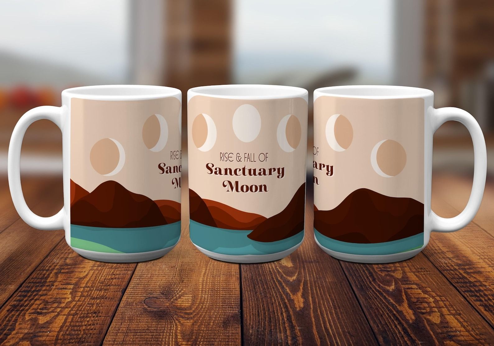a mug with an abstract landscape and moon phases with the text Rise and Fall of Sanctuary Moon