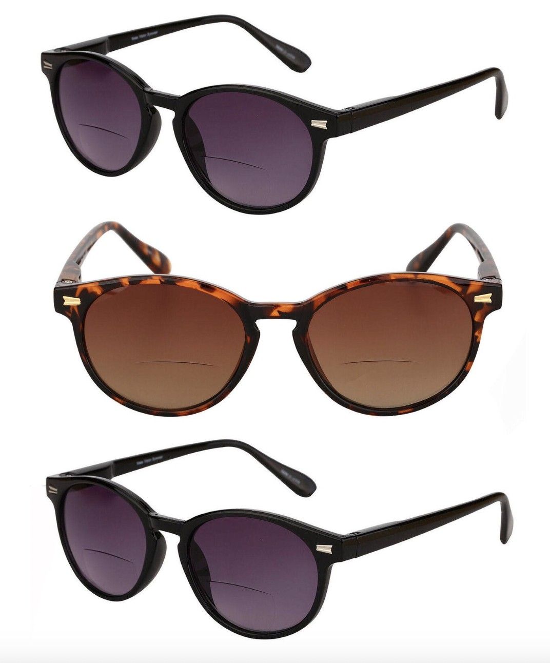 Image of three pairs of reading sunglasses with rounded frames