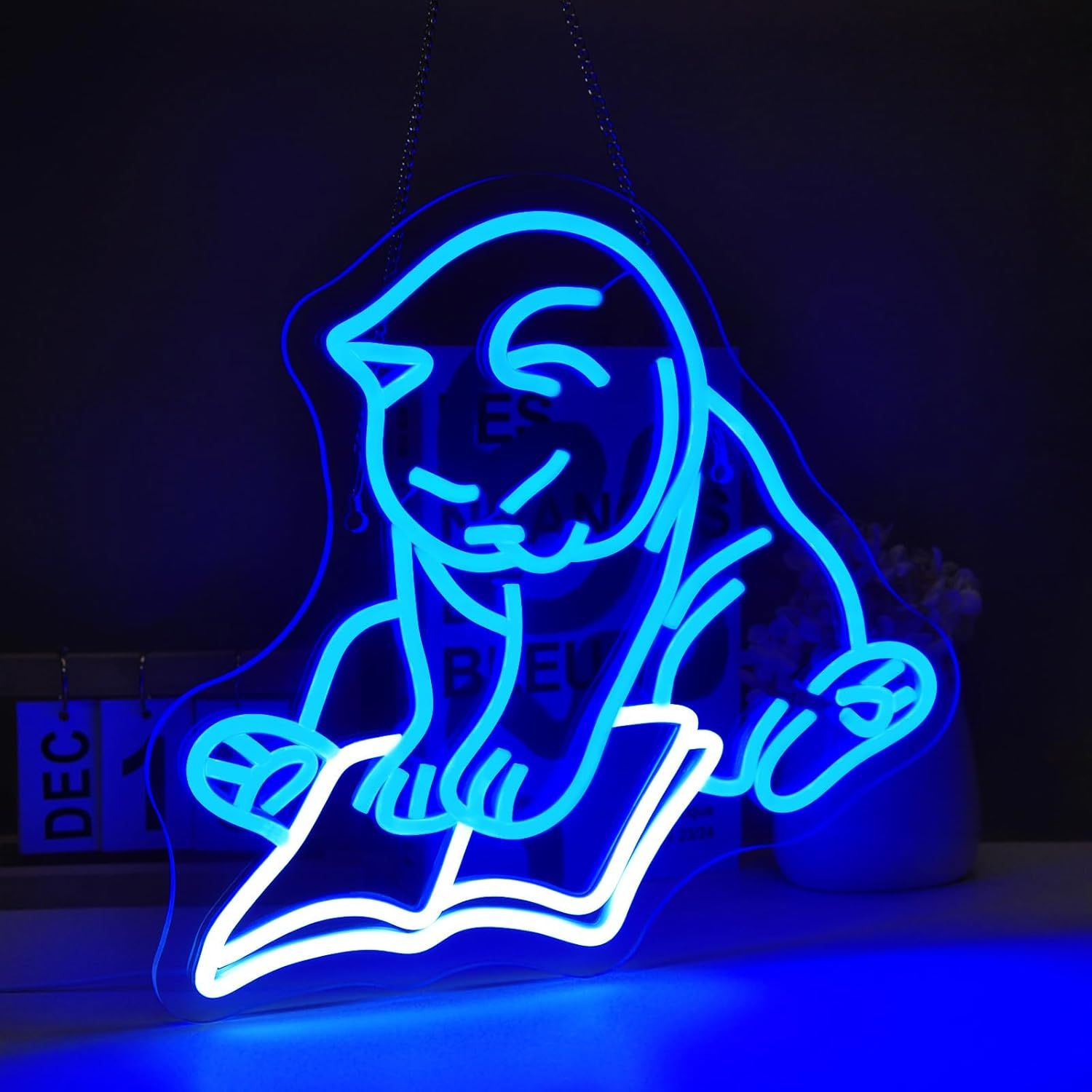 Image of a neon sign featuring a blue cat reading a white book.