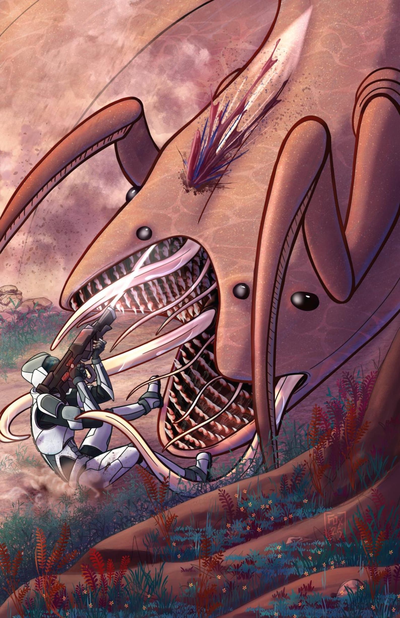 art of Murderbot shooting a monstrous creature