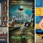 collage of the cover of Death of An Ex by Delia Pitts and the posters for two shows: Netflix's The Residence and Peacock's Poker Face