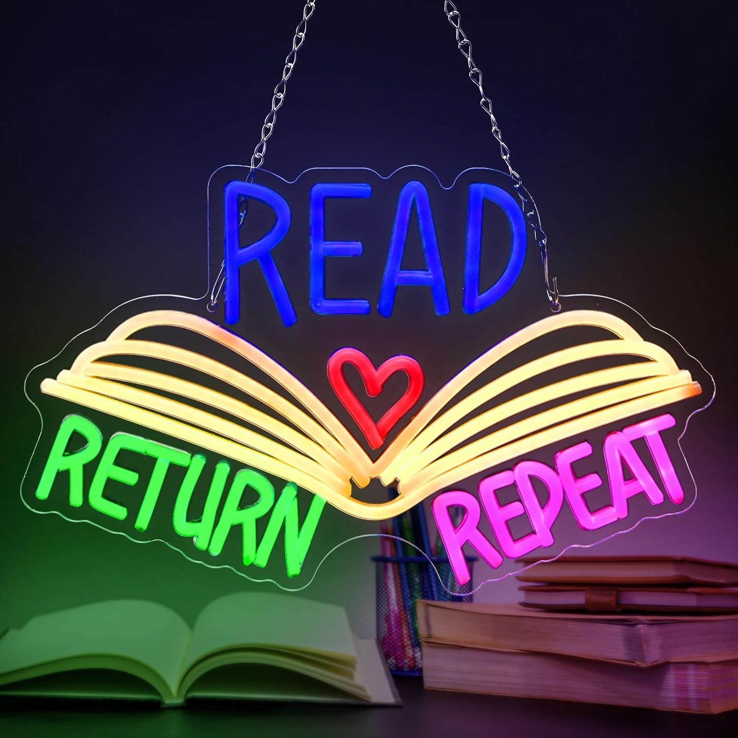 Image of a neon sign that can hang. It says "read return repeat" with a book between the words.