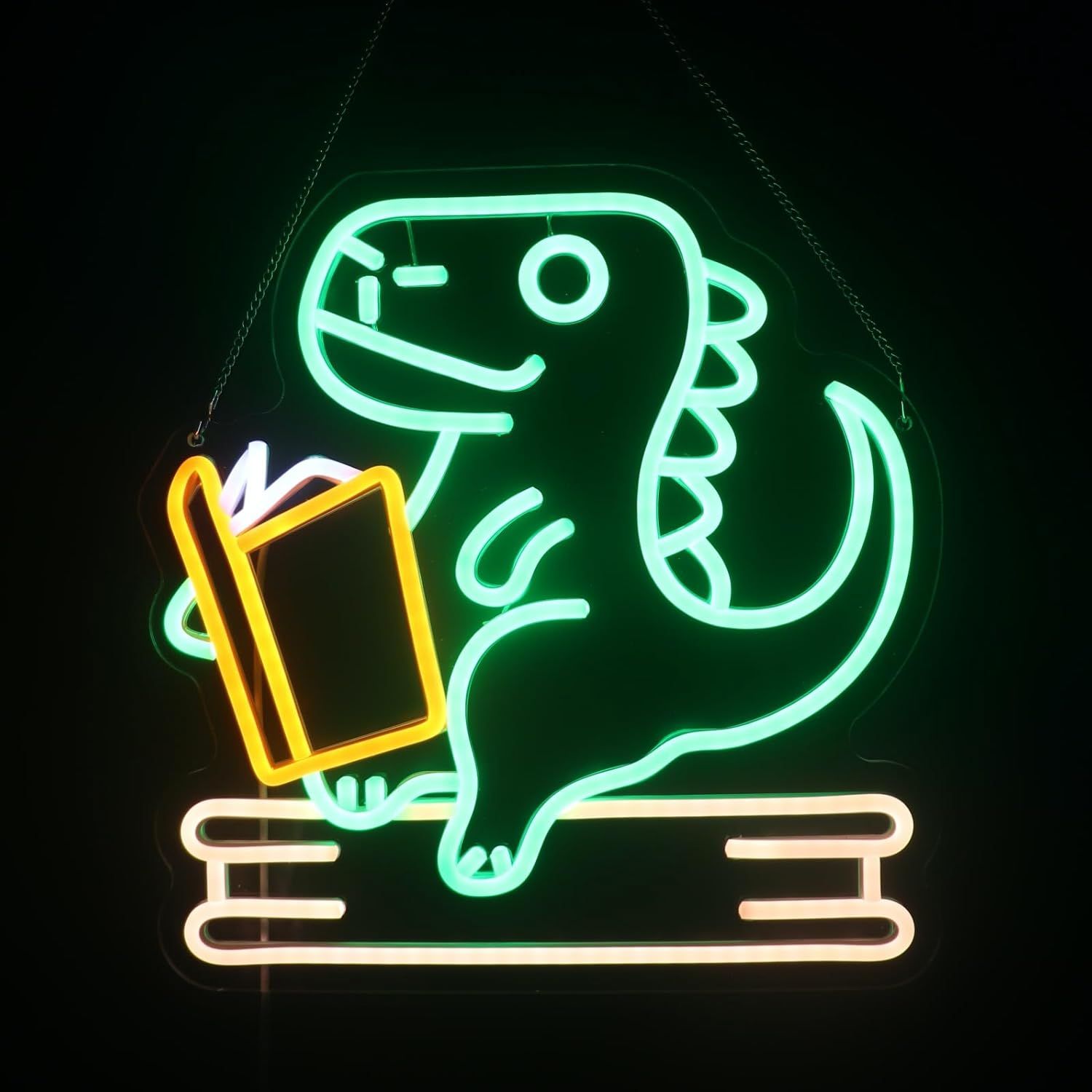 Image of a neon sign featuring a dinosaur reading a book.