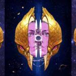 cropped tryptic of a pink face wearing a gold mask from the cover of Volatile Memory by Seth Haddon