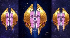 cropped tryptic of a pink face wearing a gold mask from the cover of Volatile Memory by Seth Haddon