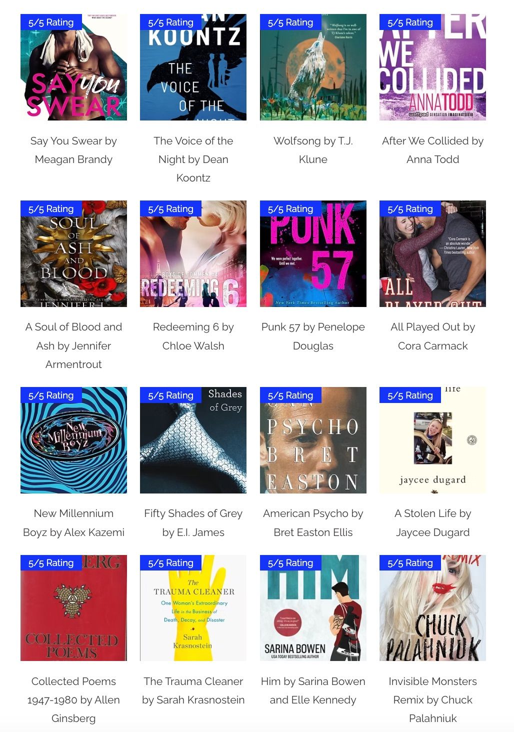 Image of the books on ratedbooks.org which have earned a 5/5 rating for "aberrant/deviant content."